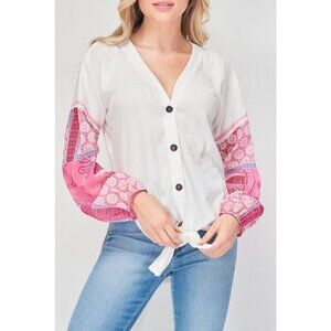 NWT Baea Size S Boho Mixed Cardigan Sweater Pink Contrasting Sleeves MSRP $98